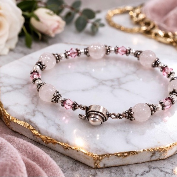 Vintage Artisan Rose Quartz Sterling Silver Beaded Bracelet Pink Crystal - Picture 3 of 12